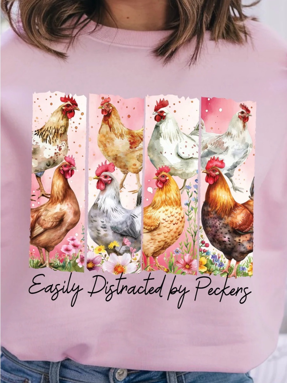 Easily Distracted by Peckers Chicken Graphic Tee - Pink